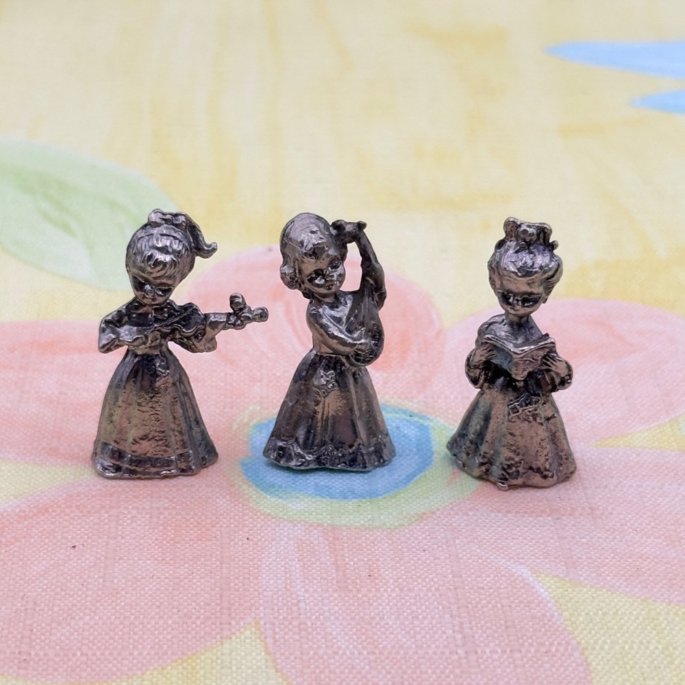 Pewter tone Miniature Girl Musicians Trio Silver Vintage Dollhouse Decor music